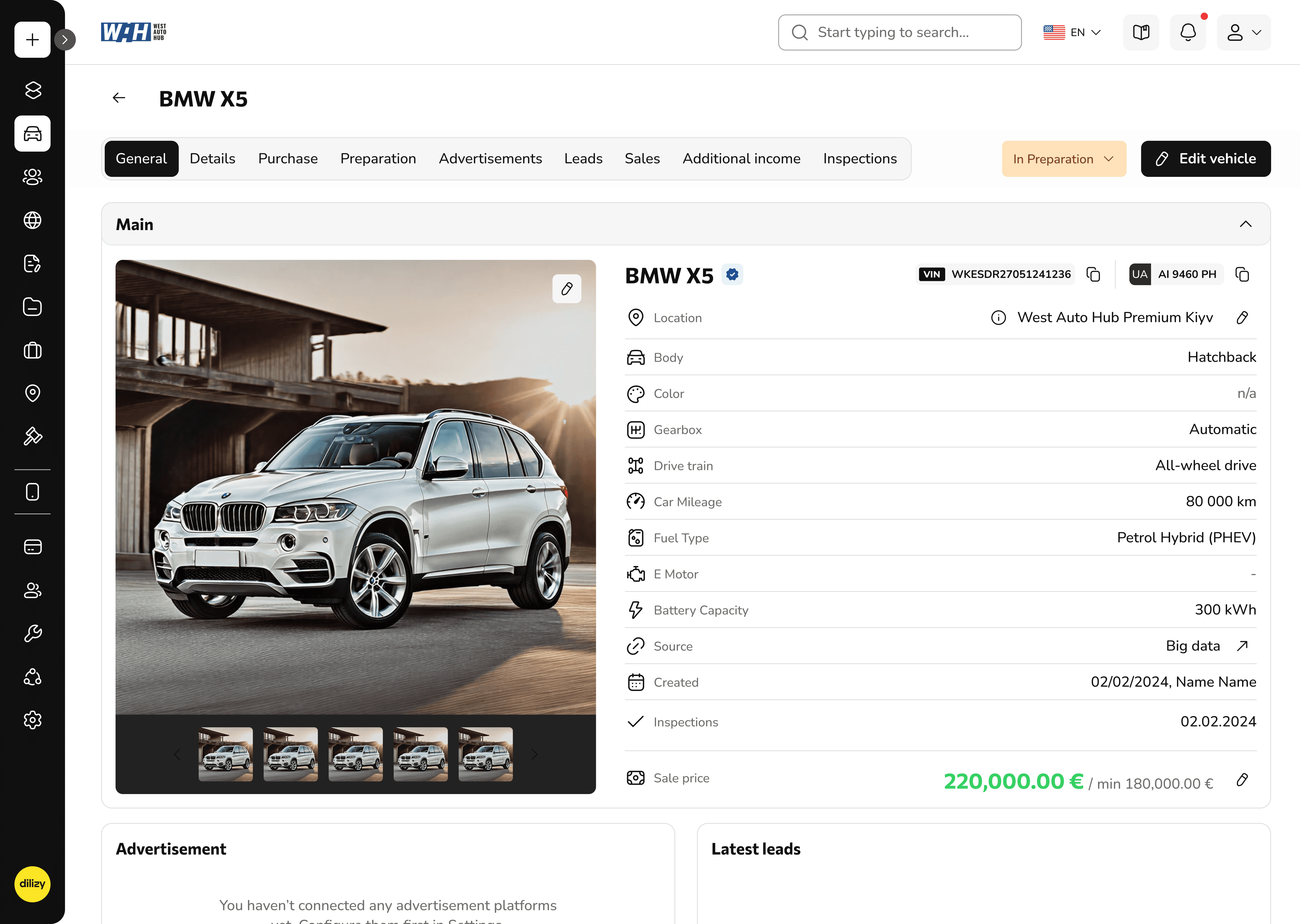 Dilizy DMS — vehicle detail dashboard