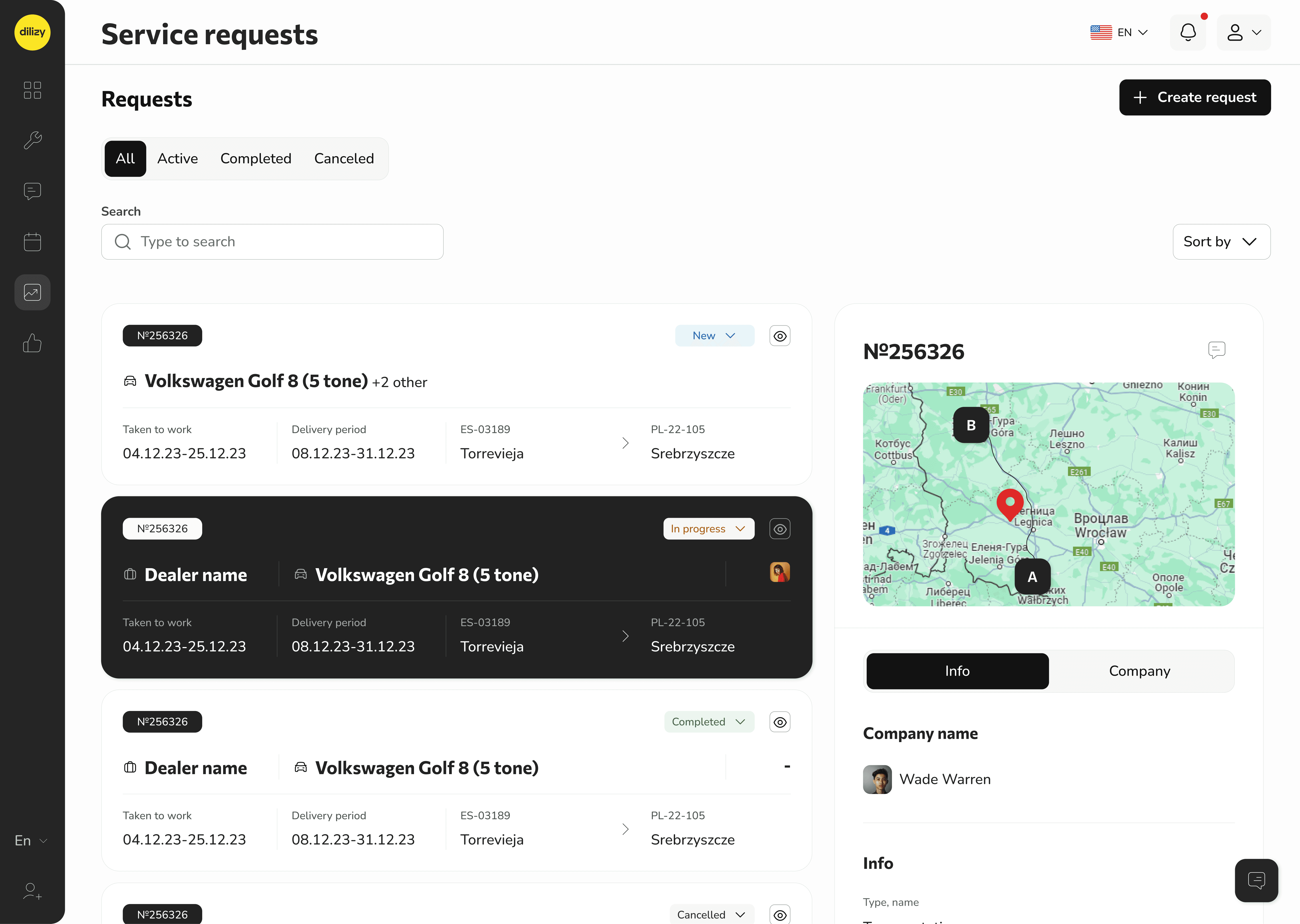Service Provider — service requests dashboard